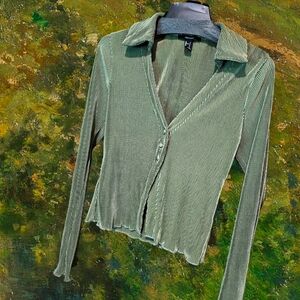 Forever 21 Green Ribbed Button-Up Top